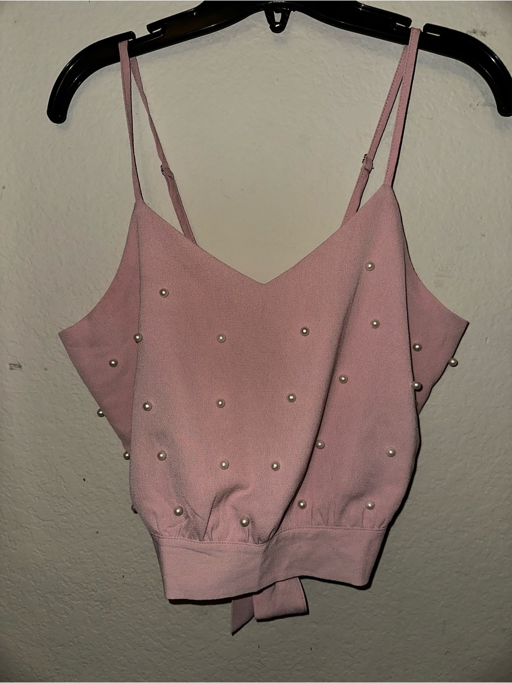 Shein pink tie crop top with pearls and open back size large